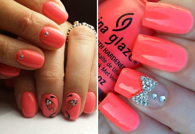 коралловый маникюр со стразами коралловый маникюр со стразами