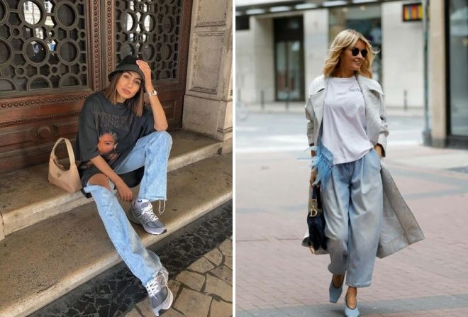 широкие джинсы с футболкой оверсайз широкие джинсы с футболкой оверсайз