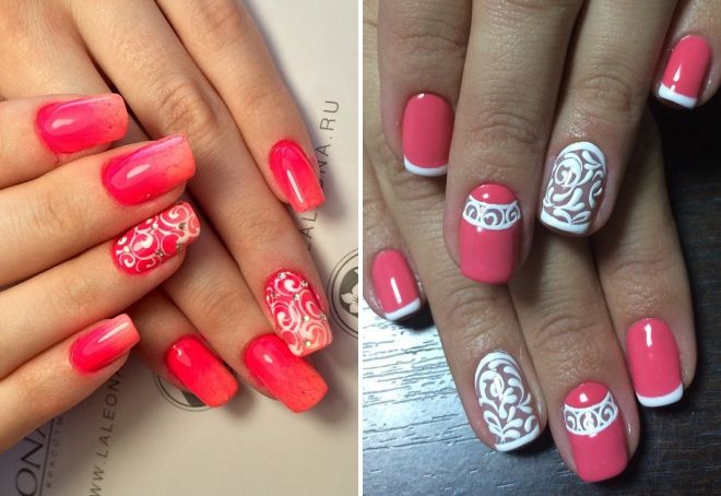 коралловый маникюр с вензелями коралловый маникюр с вензелями