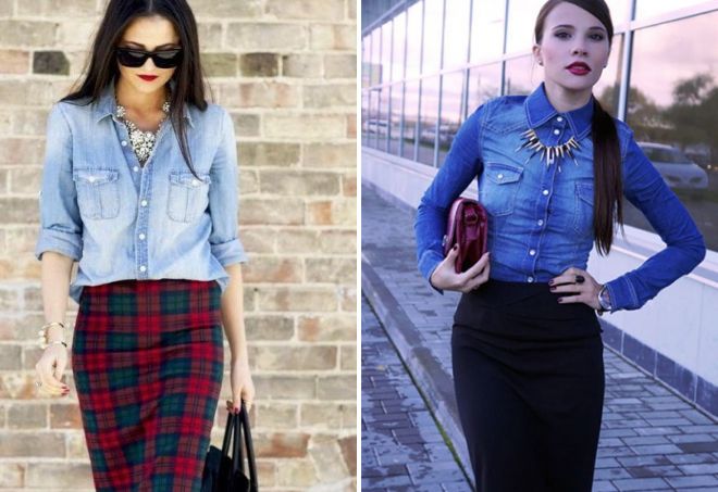 джинсовая рубашка и юбка карандаш джинсовая рубашка и юбка карандаш