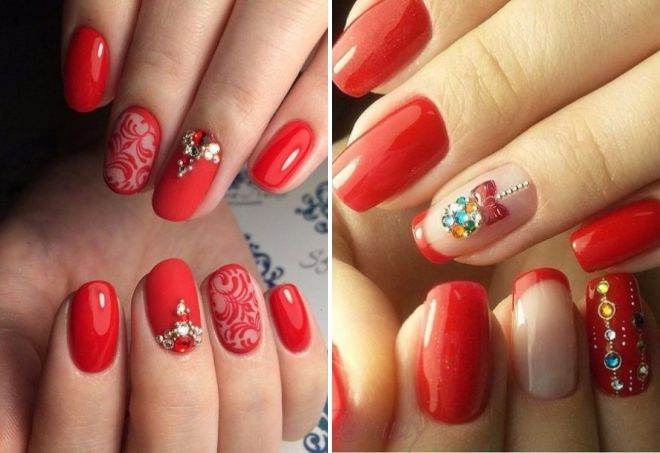 красный маникюр со стразами и рисунком красный маникюр со стразами и рисунком