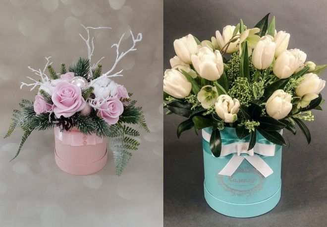 зимний букет в шляпной коробке зимний букет в шляпной коробке