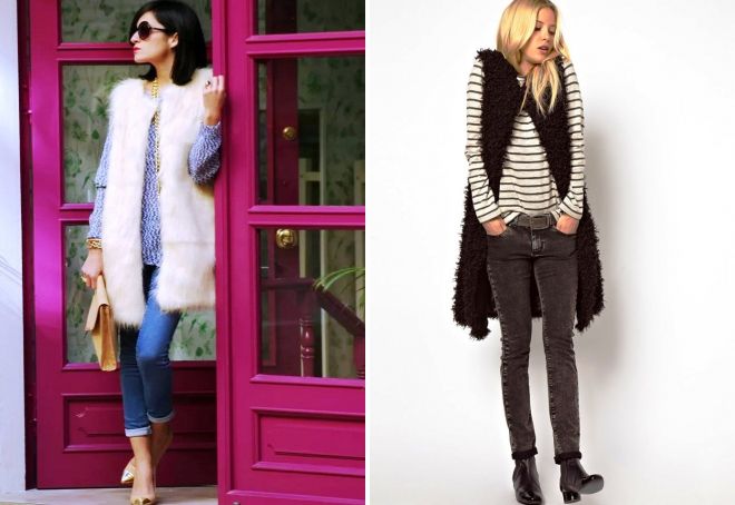 удлиненная меховая жилетка с джинсами удлиненная меховая жилетка с джинсами